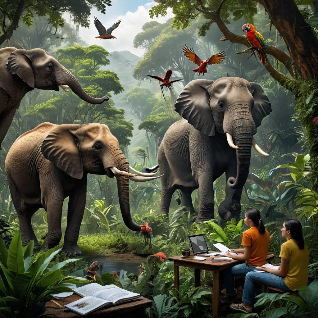 A captivating scene depicting a lush, vibrant jungle with various animals in their natural habitat. A researcher, dressed in field gear, observes a family of elephants interacting, while a parrot flies overhead, symbolizing the diversity of wildlife. In the background, charts and notes on animal behavior are subtly integrated into the foliage, illustrating the blend of nature and research. The atmosphere is lively and colorful, inviting readers to explore the wonders of animal behavior. super-realistic. vibrant colors. nature background.