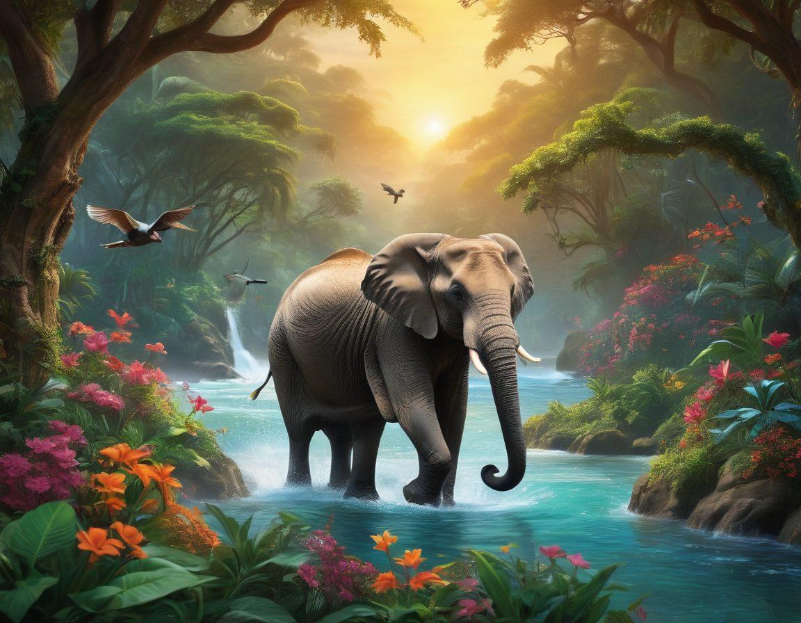 A vibrant jungle scene featuring a variety of animals displaying affection, such as a mother elephant nurturing her calf, playful dolphins leaping joyfully over waves, and a pair of birds cuddling on a branch. The background should be rich with lush foliage and colorful flowers, encapsulating the beauty of wildlife relationships. Soft sunlight filtering through trees adds warmth to the scene. super-realistic. vibrant colors. nature-inspired.