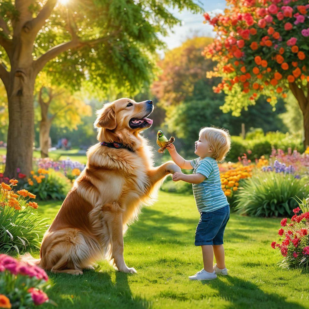 A heartwarming scene of a child and a golden retriever playing in a sunlit park, surrounded by colorful flowers and vibrant green grass, showcasing the joy of pet ownership. In the background, animals, including a playful cat and a parrot perched on a tree, symbolize diverse animal interactions. The overall mood should exude warmth and companionship. vibrant colors. super-realistic.